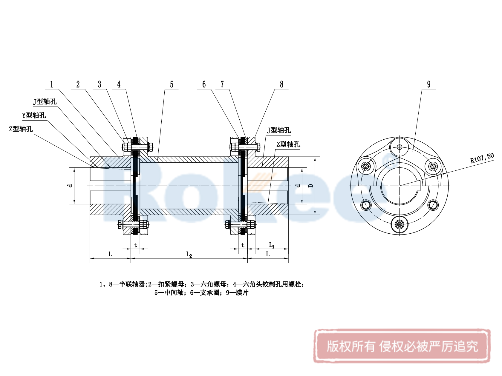 JMIJ型(带中间轴带沉孔)金属膜片联轴器